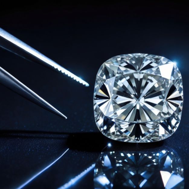 Cushion cut diamond with certified clarity and color grades.