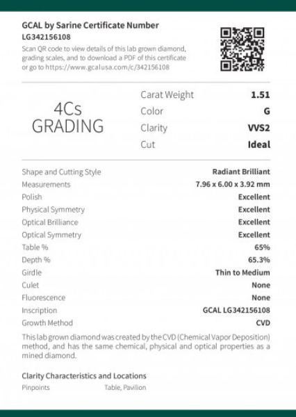 Lab-grown diamond GCAL grading certificate with radiant cut, 1.51 carat, G color, VVS2 clarity.