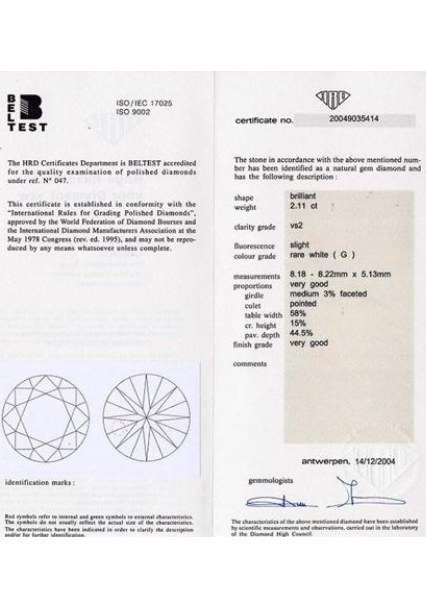 HRD certificate of a 2.11ct brilliant diamond with VS2 clarity and G color grade.