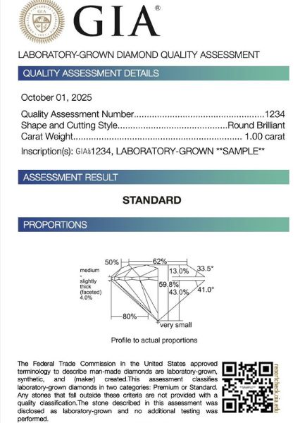 GIA certificate for 1.00 carat round brilliant lab-grown diamond