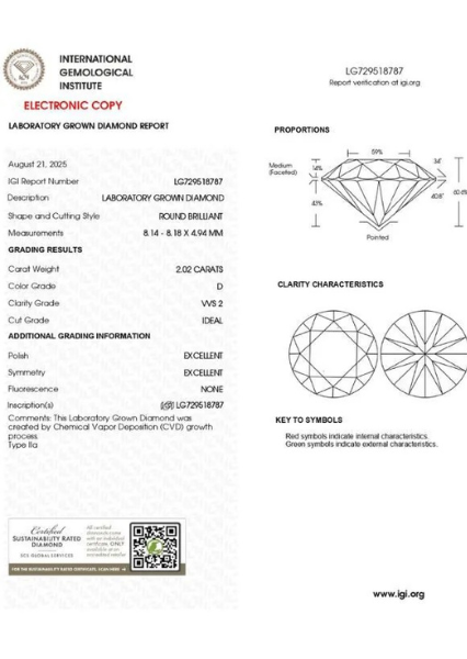IGI certificate for 2.02 carat round brilliant lab-grown diamond.