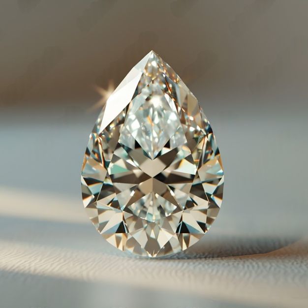 Pear cut polished diamond showing clarity and color details.