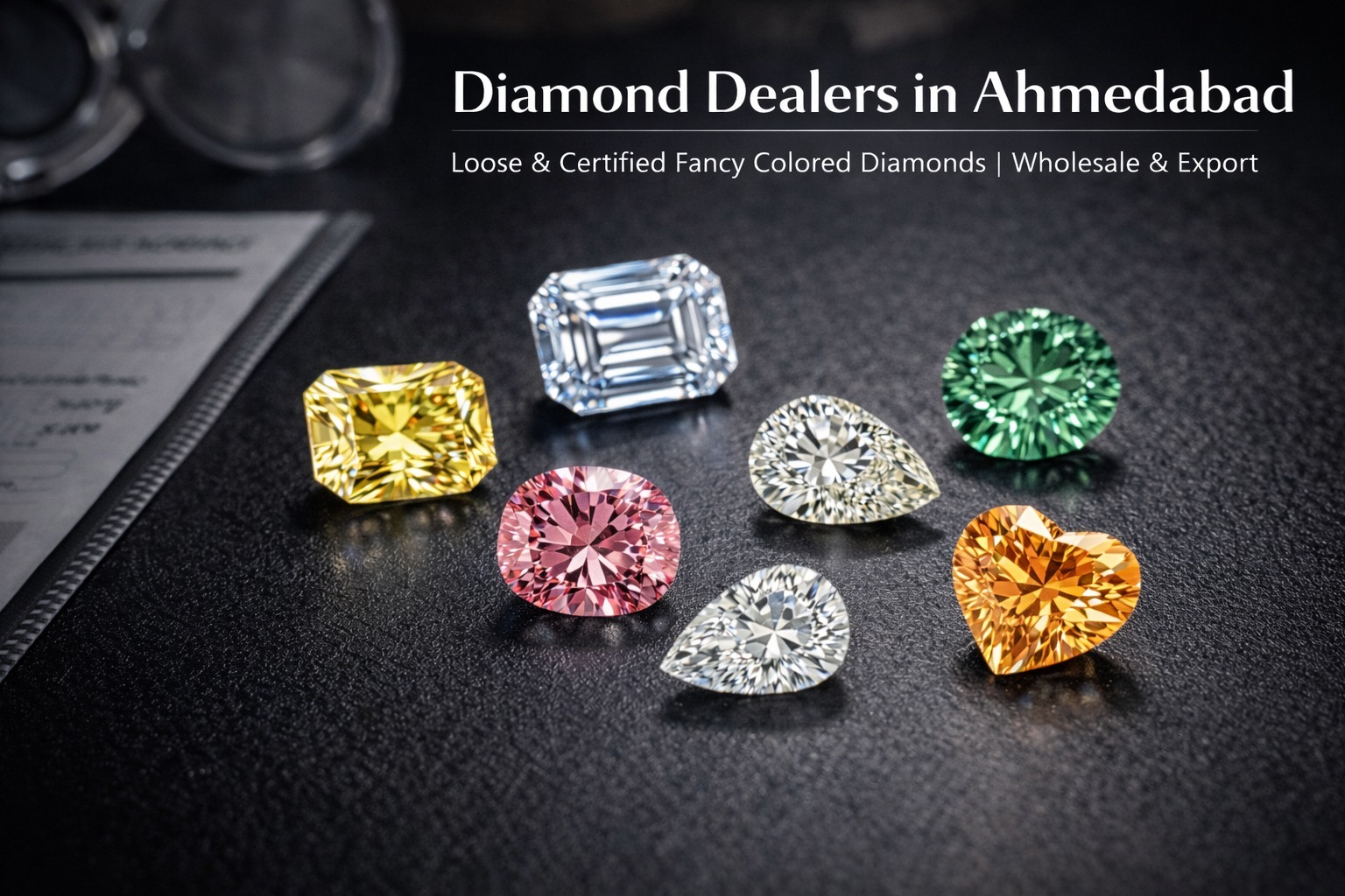 Diamond dealers in Ahmedabad offering certified fancy colored diamonds in multiple shapes